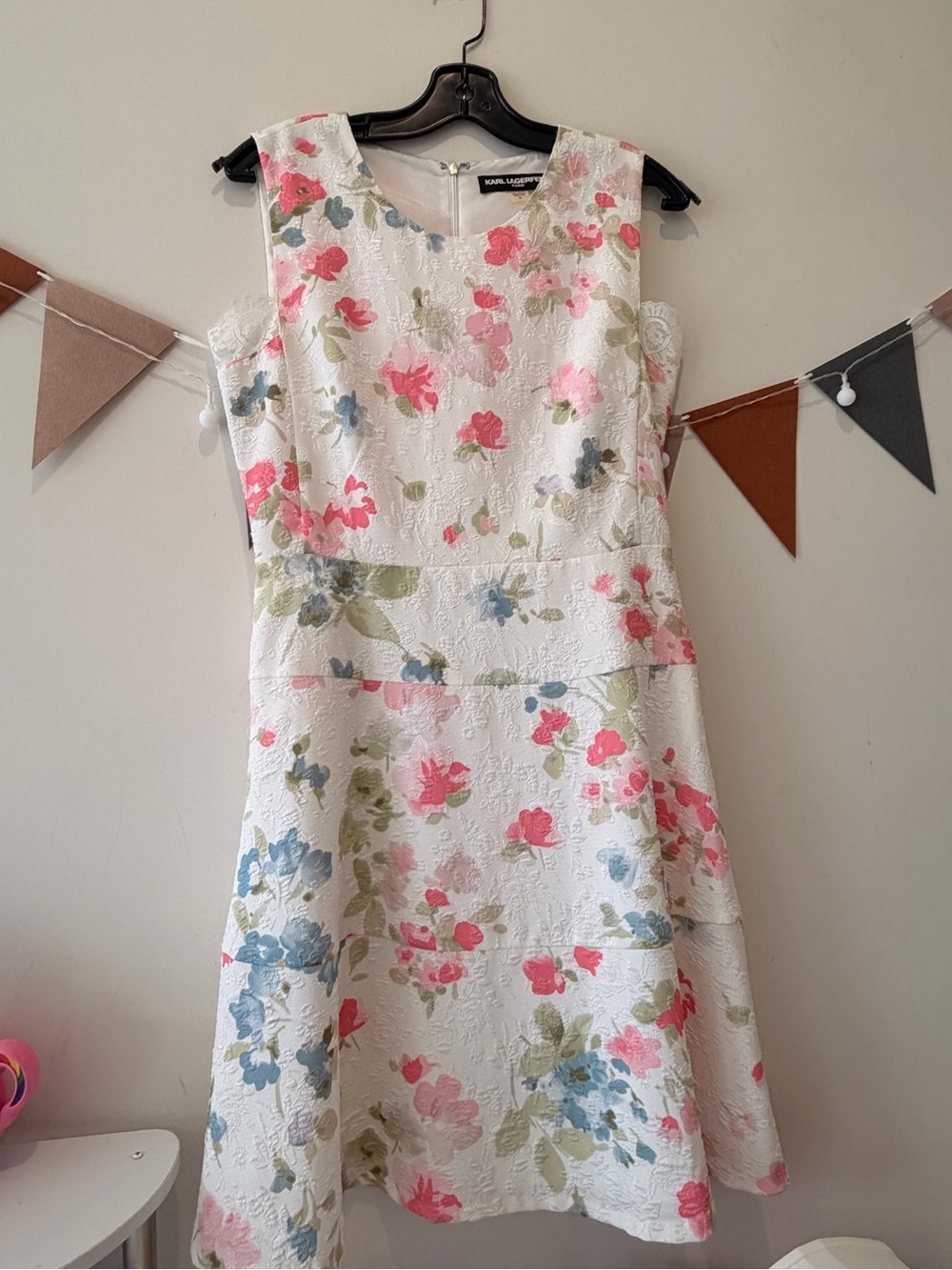 Karl Lagerfeld White Jacquard Fit & Flare Dress with Pink and Blue Floral Print